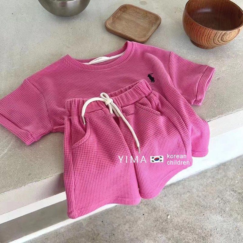 thumbnail for Waffle children's clothing 2023 summer boys and girls casual sports suit children's solid color short-sleeved shorts two-piece suit