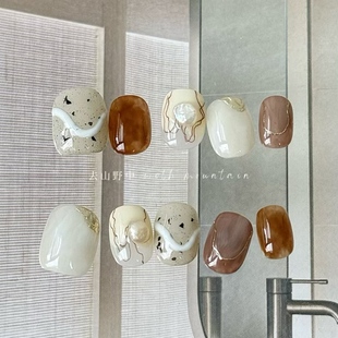 去山野中NAIL手工甲片小红书小众ins秋冬线条日系晕染穿戴甲短甲