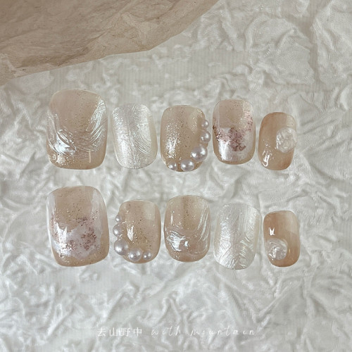 去山野中NAIL手工甲片小红书小众ins裸色系优雅感细闪珠光穿戴甲