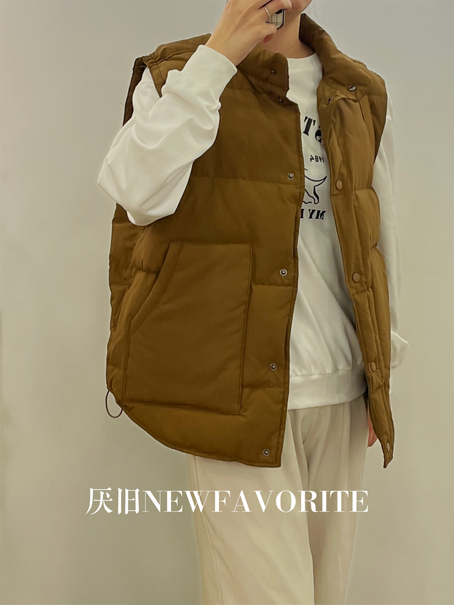 厌旧 焦糖色无袖羽绒服大口袋纯色单排圆扣秋冬外套蓬松保暖百搭