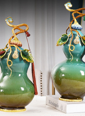 珐琅彩琉璃玉葫芦五福临门摆件