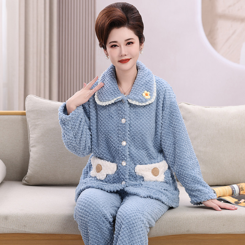 睡衣女中老年秋冬季珊瑚绒三层夹棉加厚保暖妈妈家居服套装可外穿