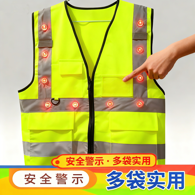 LED反光背心带灯马甲高速救援工地工程夜间骑行爆闪灯安全反光衣