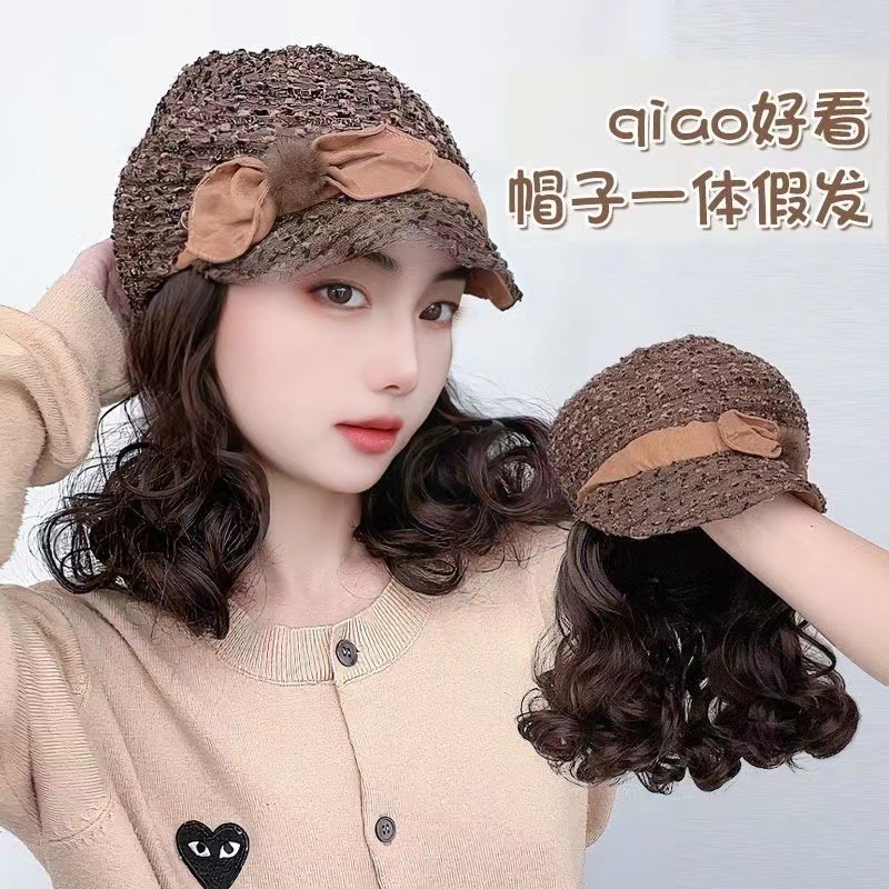 一体式假发帽女冬短卷发鸭舌帽