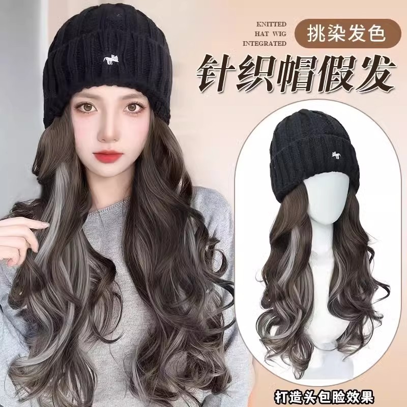 假发帽子一体女秋冬针织套