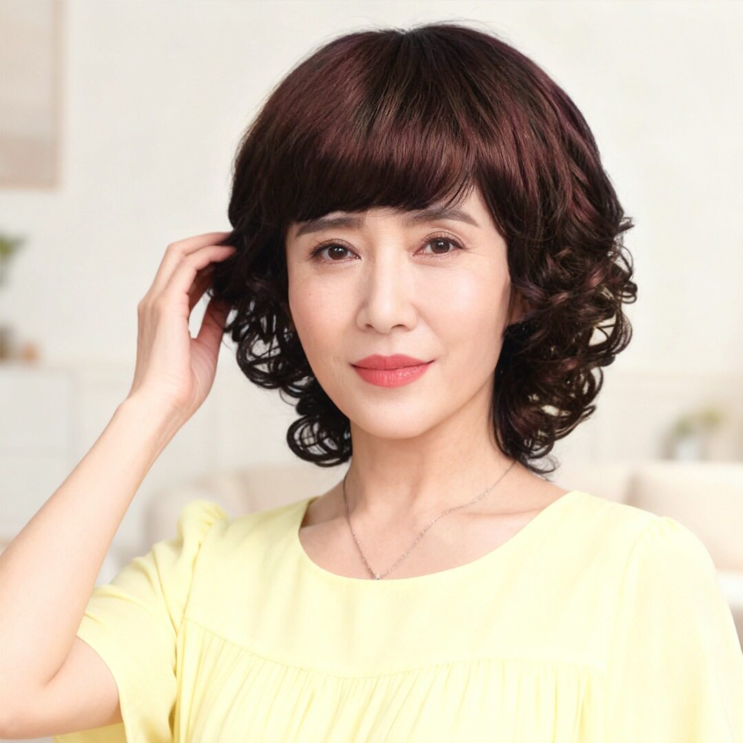 中老年女士蓬松短卷发斜刘海机制