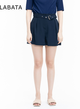 MALABATA短裤女夏阔腿休闲裤高腰时尚系带藏蓝色HY241K076A13