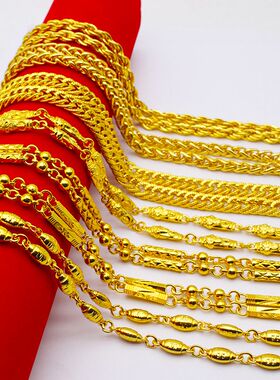 【不掉色】越南沙金项链男黄金色链子圆珠马鞭坦克链霸气老板真