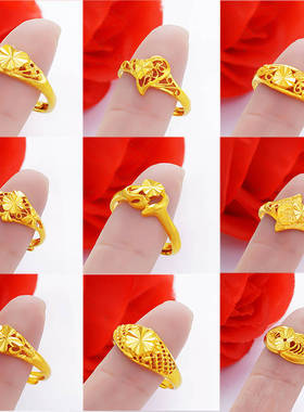 越南沙金戒指女款仿黄金色戒子活口可调节时尚镀金色饰品久不褪色
