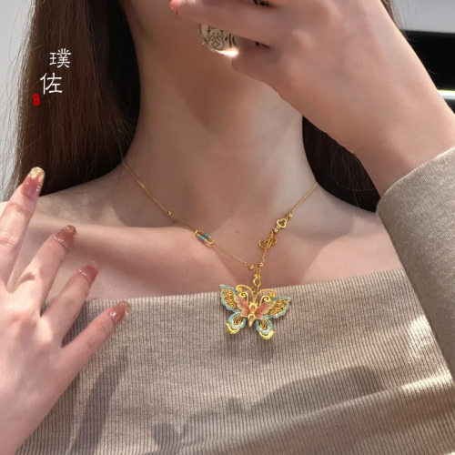 金店同款沙金脉脉花蝶吊坠黄金项链甜美时尚气质百搭送女友礼物