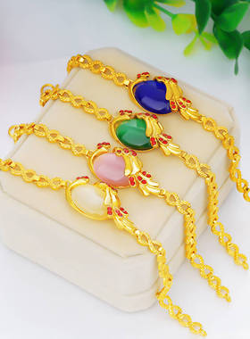 沙金女士项链手链孔雀两件套镶嵌宝石猫眼石坠子仿黄金色首饰饰品