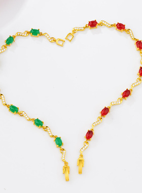 沙金气质手链女镀金镶红绿宝石手环品仿黄金色手饰百搭送妈妈礼物