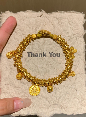 古法黄金色越南沙金盘缠手链气质经典高颜值吞金兽黄财神手链男女