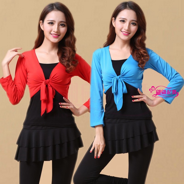 广场舞服装新款中老年健身运动舞蹈服演出服上衣长袖披肩跳舞衣服