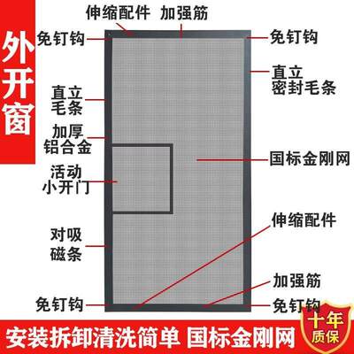 内开外推窗金刚网纱拉窗 防蚊虫护防盗可拆洗高透开UPK网金刚网纱