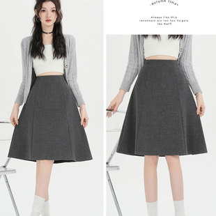灰色毛呢半身裙女秋梨型身材高腰显瘦休闲超好看冬装 加厚a字中裙