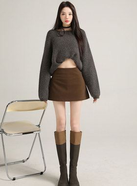 灰色开叉毛呢半身裙女装秋冬新款高腰A字裙短裙半裙裤裙包臀裙子