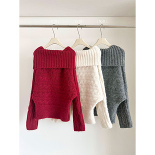 新年穿搭红色一字肩毛衣女春季 上衣 秋冬新巨好看可外穿内搭针织衫