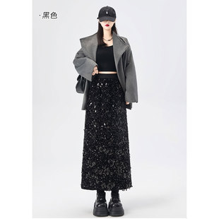 超好看冬装 黑色亮片闪闪半身裙女显瘦高腰a字气质直筒开叉包臀裙