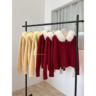 新年氛围感红色毛衣开衫外套女秋冬新款连帽毛毛领拉链针织衫上衣