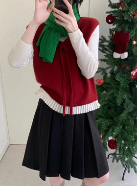 红色V领系带针织马甲女26春秋冬叠穿减龄蝴蝶结无袖坎肩背心上衣