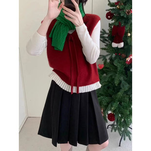 红色V领系带针织马甲女26春秋冬叠穿减龄蝴蝶结无袖坎肩背心上衣