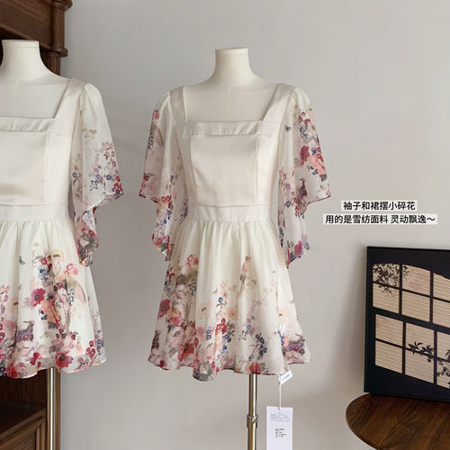 七分袖方领连衣裙子女温婉短裙