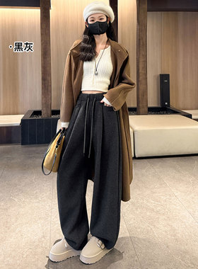 灰色加绒羊绒弯刀裤女冬季气质设计感抽绳宽松显瘦慵懒阔腿休闲裤