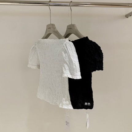 法式高级感泡泡袖白衬衫女短款上衣夏修身黑色短袖T恤设计感小众