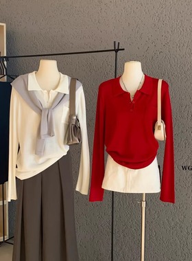 休闲翻领Polo衫长袖T恤女气质早秋chic单穿上衣独特漂亮打底衫冬