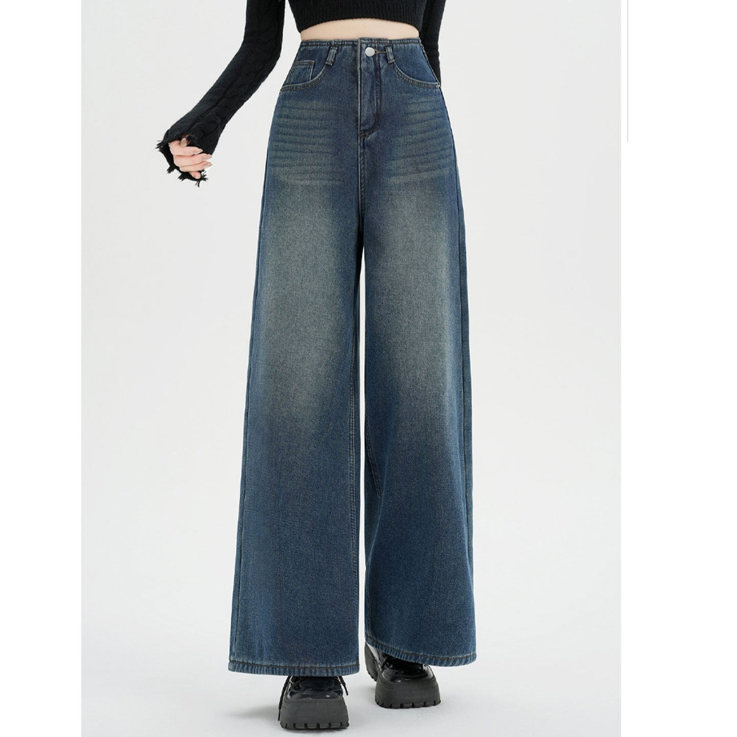 【现货秒发】加绒加厚阔腿牛仔裤