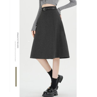 灰色气质毛呢半身裙女秋冬季 小个子高腰遮胯显瘦a字伞裙五分中裙