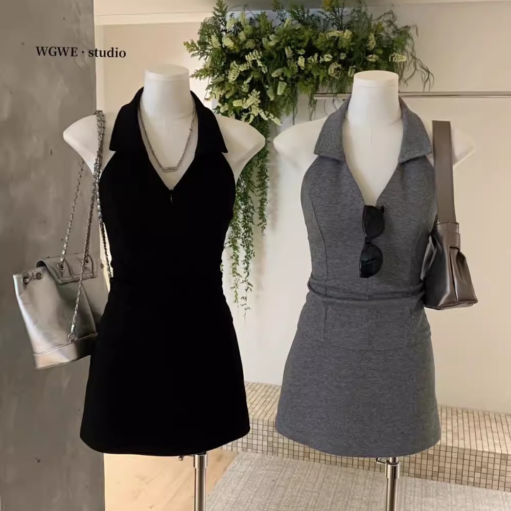 挂脖背心上衣+高腰法式半身裙