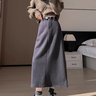 加绒加厚灰色毛呢半身裙女秋冬