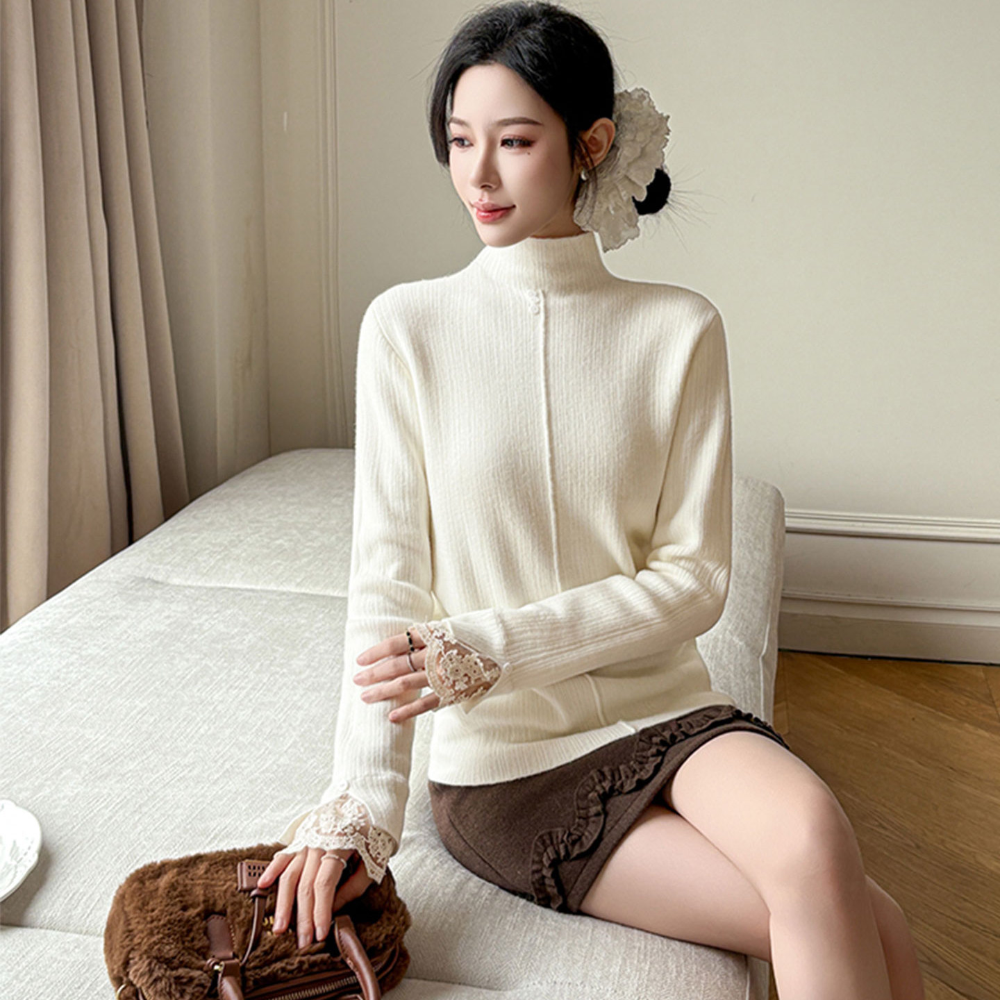 秋冬高领一体绒加厚针织打底衫