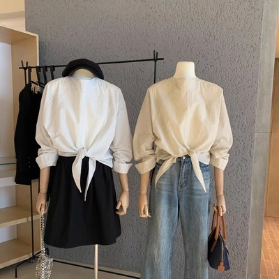松弛感条纹插肩袖长袖绑带衬衫女