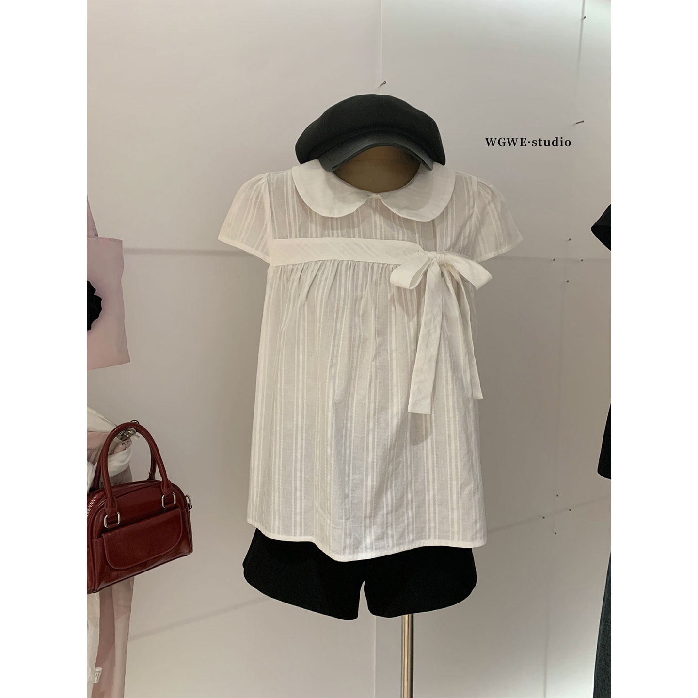 气质娃娃领蝴蝶结短袖衬衫女夏季