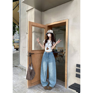 2026春季新款复古弯刀阔腿牛仔裤女设计感高腰显瘦宽松直筒长裤子