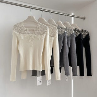 内搭温柔针织衫 法式 冬装 女秋巨好看 上衣 气质高级v领蕾丝打底衫