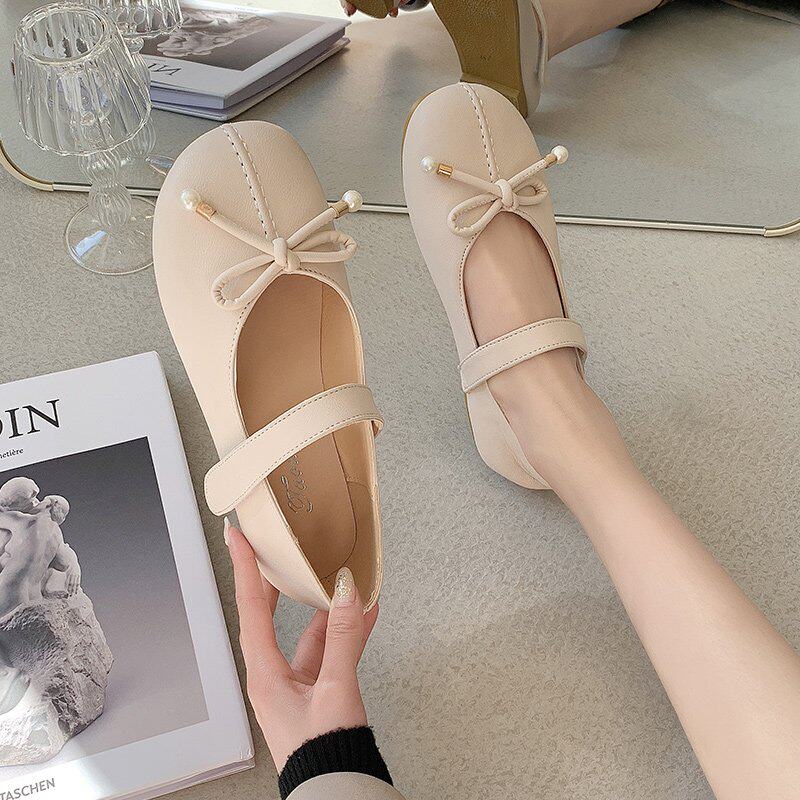 玛丽珍平底鞋女蝴蝶结浅口小皮鞋仙女平跟软皮单鞋方头复古奶奶鞋