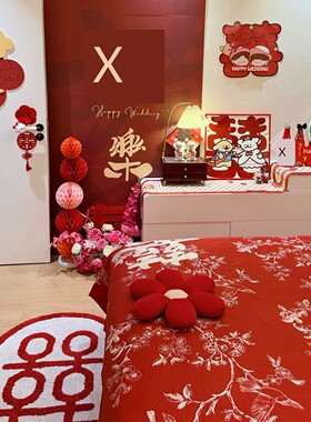 高档中式结婚四件套红色纯棉婚庆喜被套新婚陪嫁床上用品备婚床单