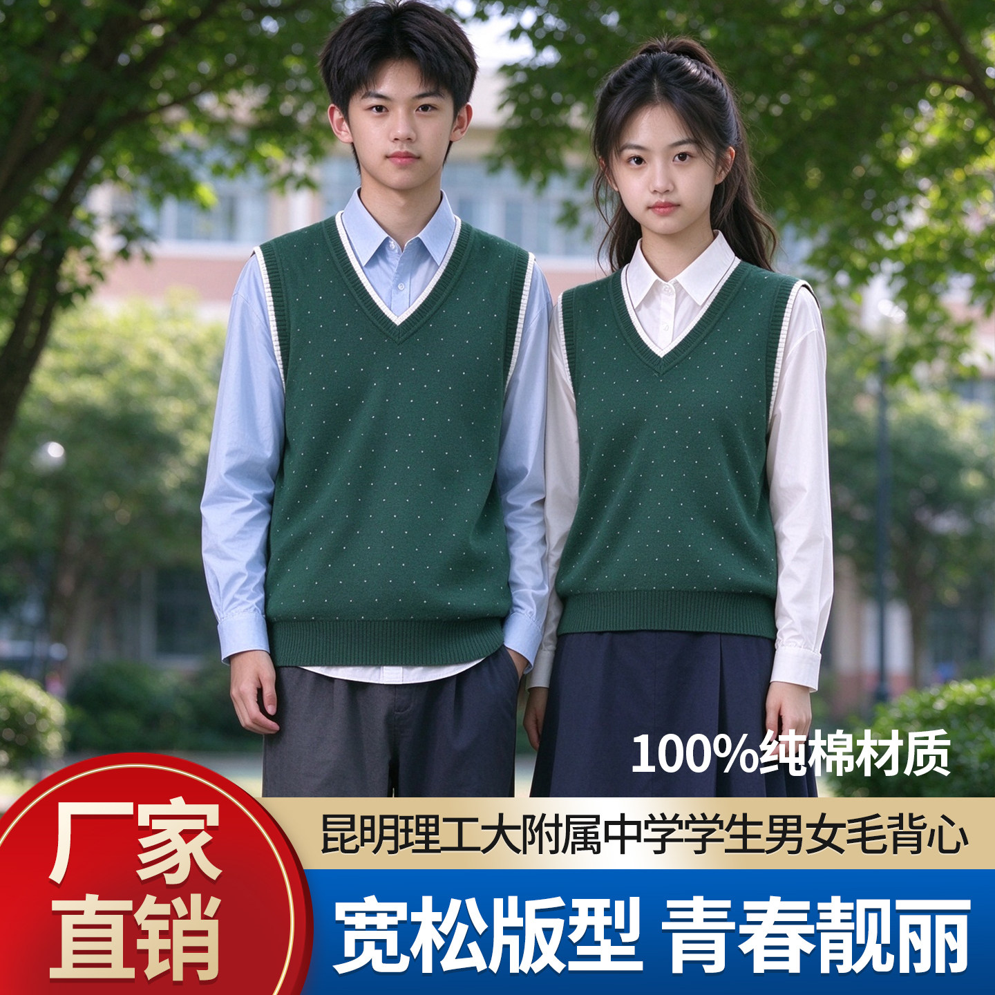 日韩学院风中学生毛背心绿色波点V领设计无袖薄毛衣百搭男女外穿