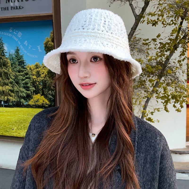 镂空韩版针织渔夫帽女纯色简约百搭保暖套头帽冬天时尚显脸小盆帽