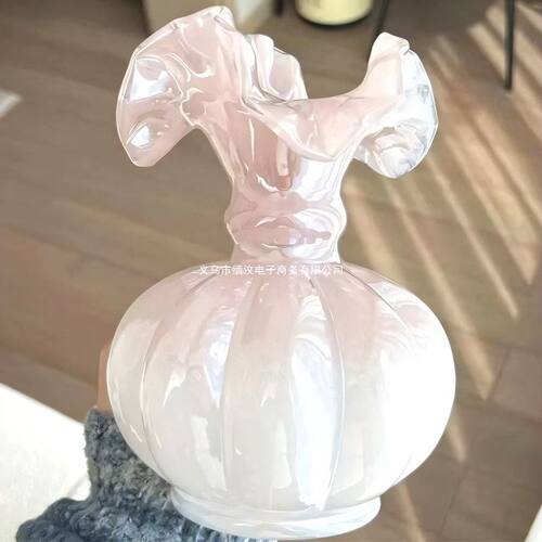 玻璃花瓶中古手工水红芬顿花瓶水养客厅钕法式插花瓜瓜花器蓝芬顿
