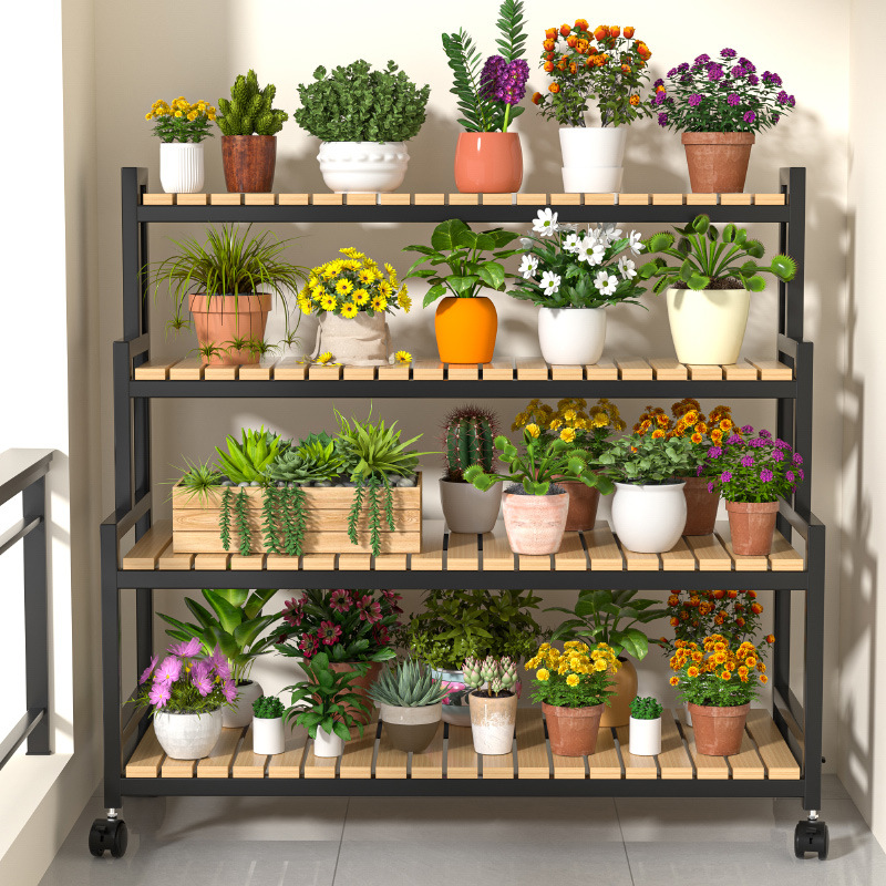 阳台花架子铁艺室内家用置物架可移动带轮简约现代花盆架厂家