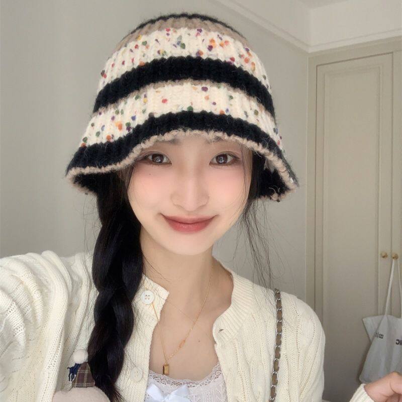 甜味剧本~古着拼色针织渔夫帽女日系ins秋冬百搭显脸小毛线水桶帽