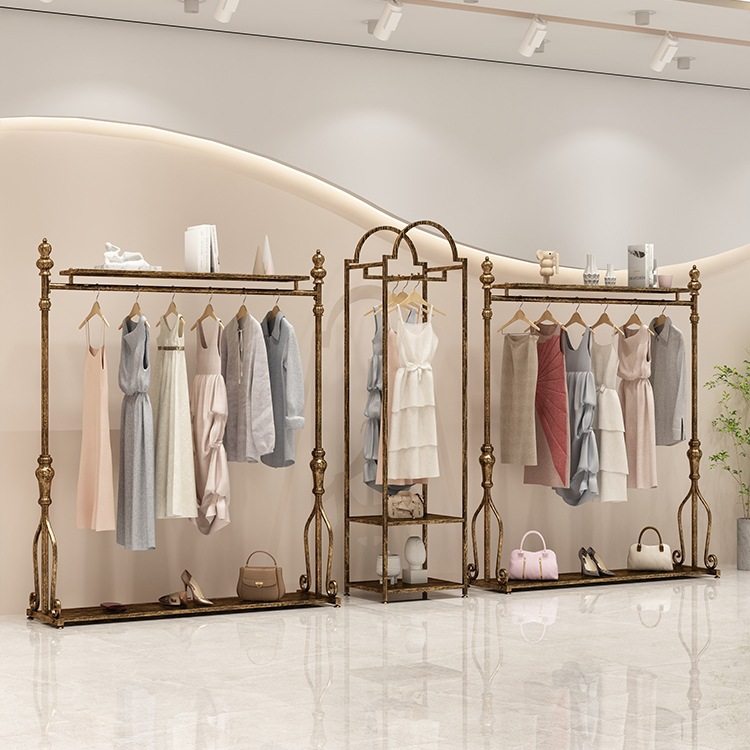 欧式铁艺复古服装架服装店展示架古铜挂衣架加大加粗落地服装货架