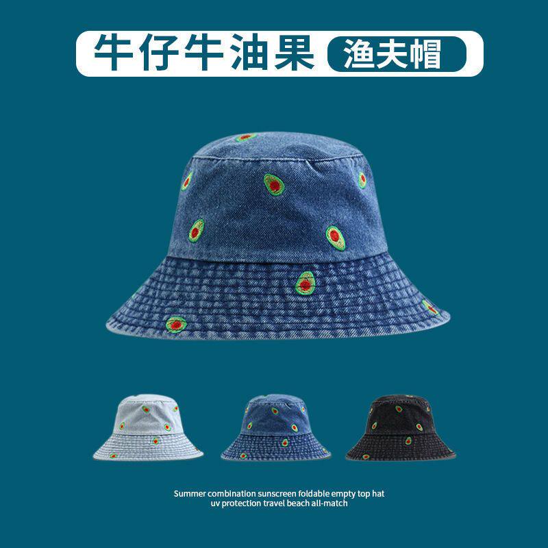 法国小众高级感牛仔渔夫帽女百搭简约牛油果刺绣水桶帽韩版防晒学
