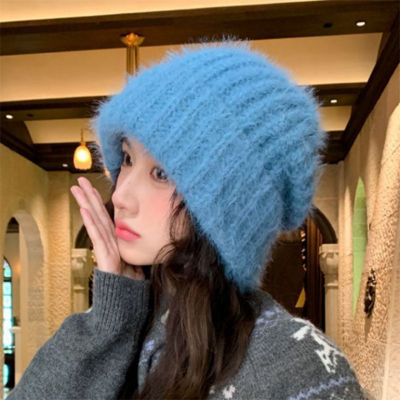 韩版糖果色大头围针织帽女秋冬季防风护耳帽保暖加厚毛线帽堆堆帽
