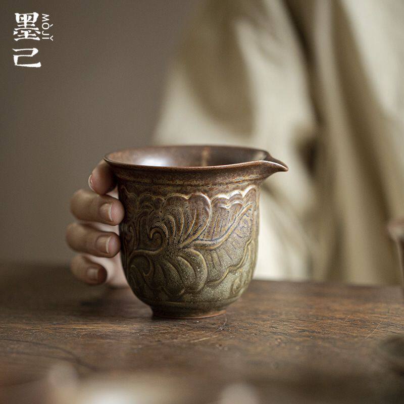 墨己 备前烧日式粗陶公道杯 茶道配件茶海  刻花仿古陶瓷分茶公杯